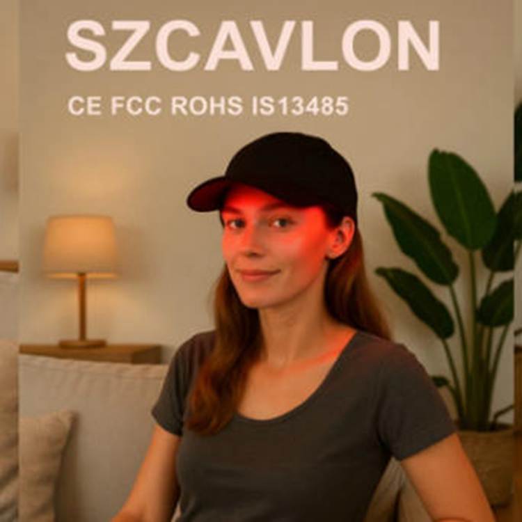 Nakasuot ng pulang light therapy LED cap
